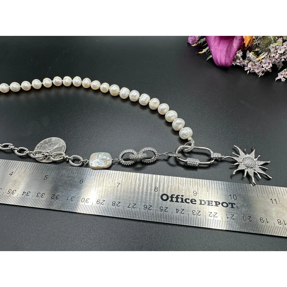 White natural pearl half chain necklace, combined freshwater pearl and bulky cha